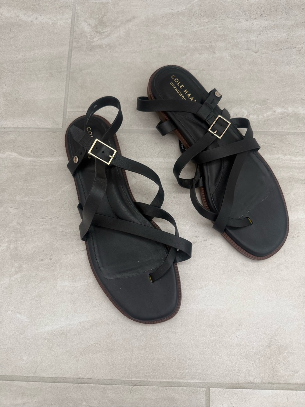 Cole Haan Black Strappy Leather Buckle Sandals